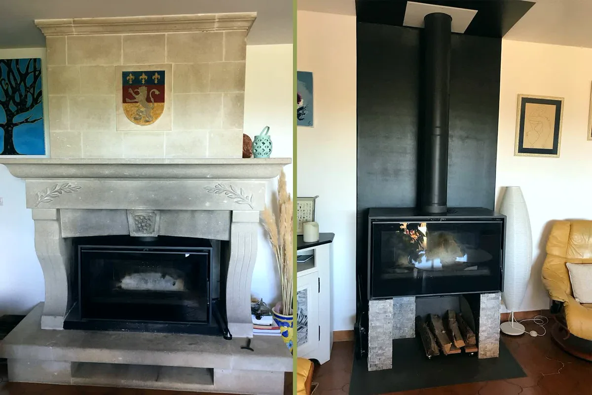 Cheminée en pierre sculptée avec insert à bois installé